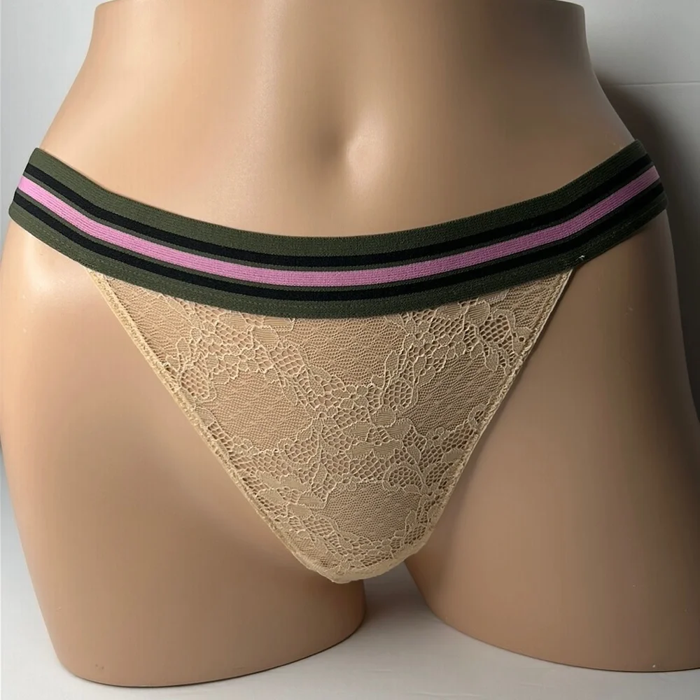Forever 21 Beige Lace With Sporty Stripe Elastic Waistband‎ Panties Sz L NWT